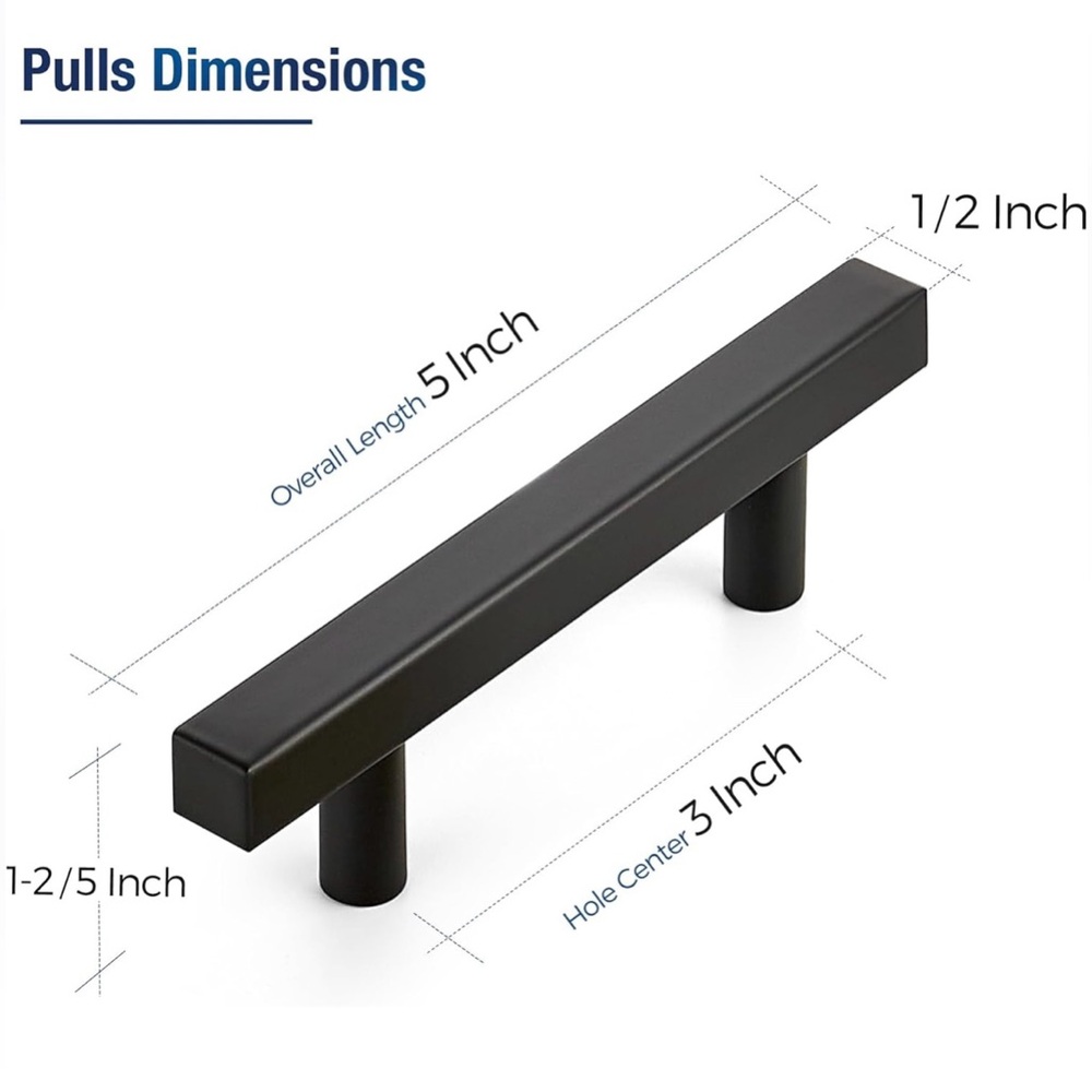 Set of 7 ea 3” Center 5” Long Overall Black Matte Square Cabinet Handles Pulls